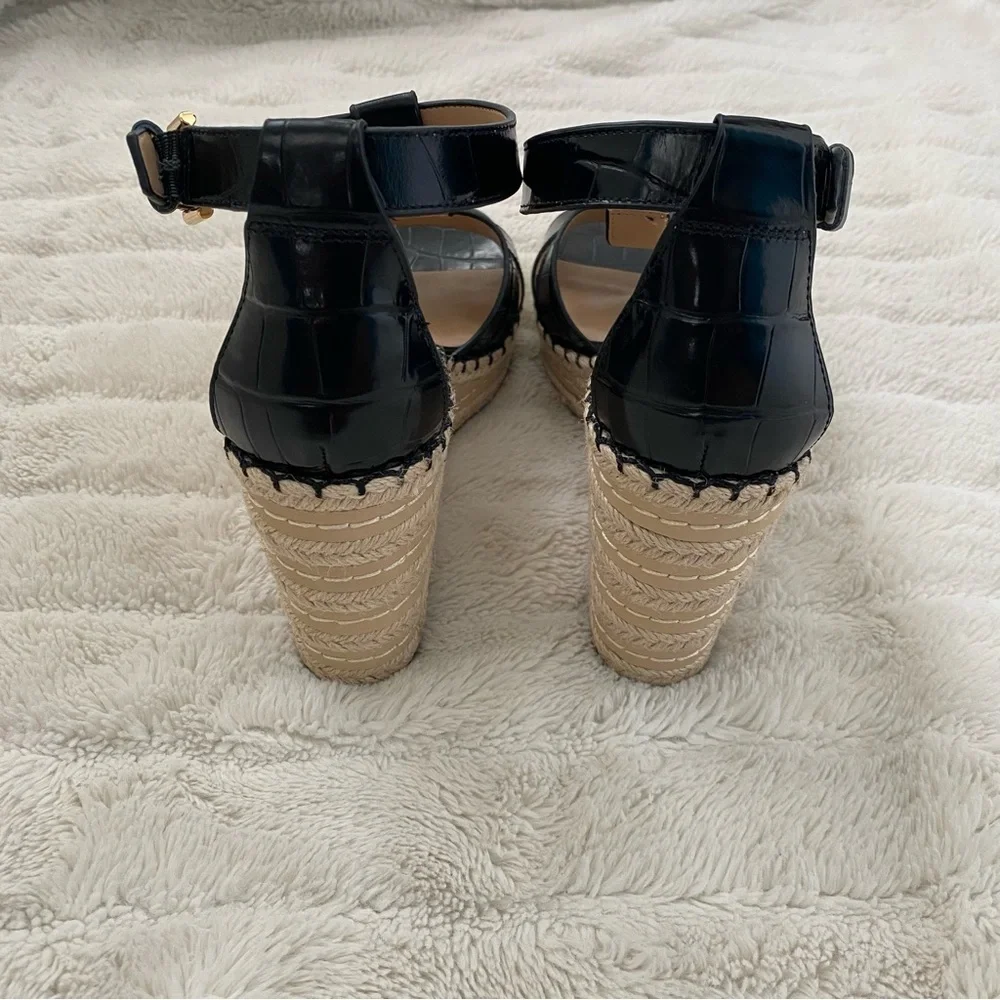 Lauren Ralph Lauren Hale II Black Leather Croc Espadrille Wedges Size 9.5